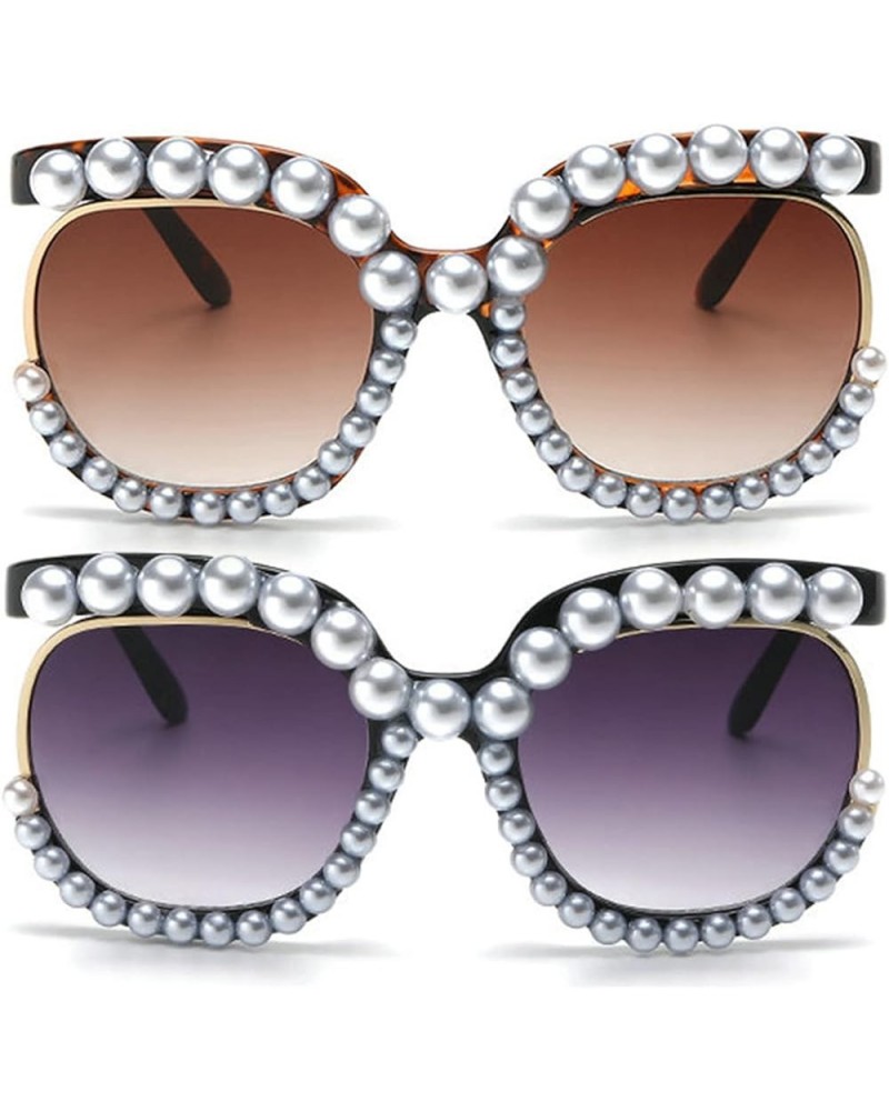 Oversized Pearl Round Sunglasses Womens Cute Fashion Trendy Bling Diamond Sunglasses 2pcs-black&leopard $11.27 Round