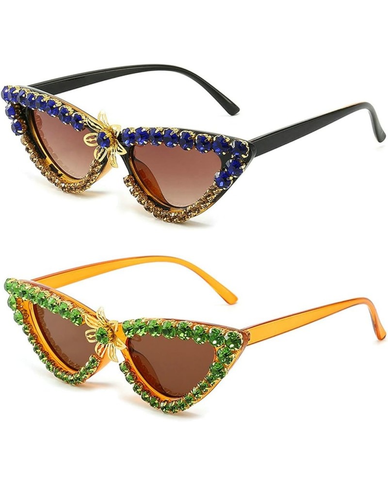 women diamond-studded sunglasses cat eye fashion party prom ladies gorgeous Sunglasses UV400 2pcs blue tea+green $9.64 Cat Eye