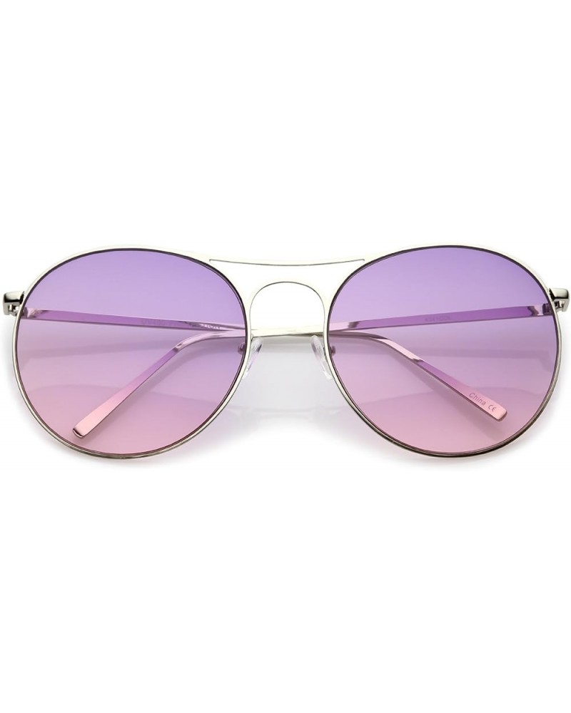 Oversize Metal Double Nose Bridge Round Gradient Flat Lens Aviator Sunglasses 65mm Silver / Purple Pink $8.66 Aviator