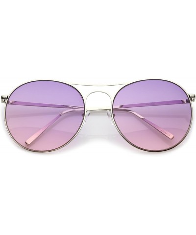 Oversize Metal Double Nose Bridge Round Gradient Flat Lens Aviator Sunglasses 65mm Silver / Purple Pink $8.66 Aviator