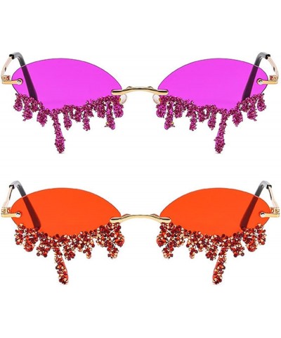 Rhinestone Tear Shape Sunglasses for women Party Rimless Jeweled Crystal sunglasses 2pcs-red&deep Purple $16.11 Oval