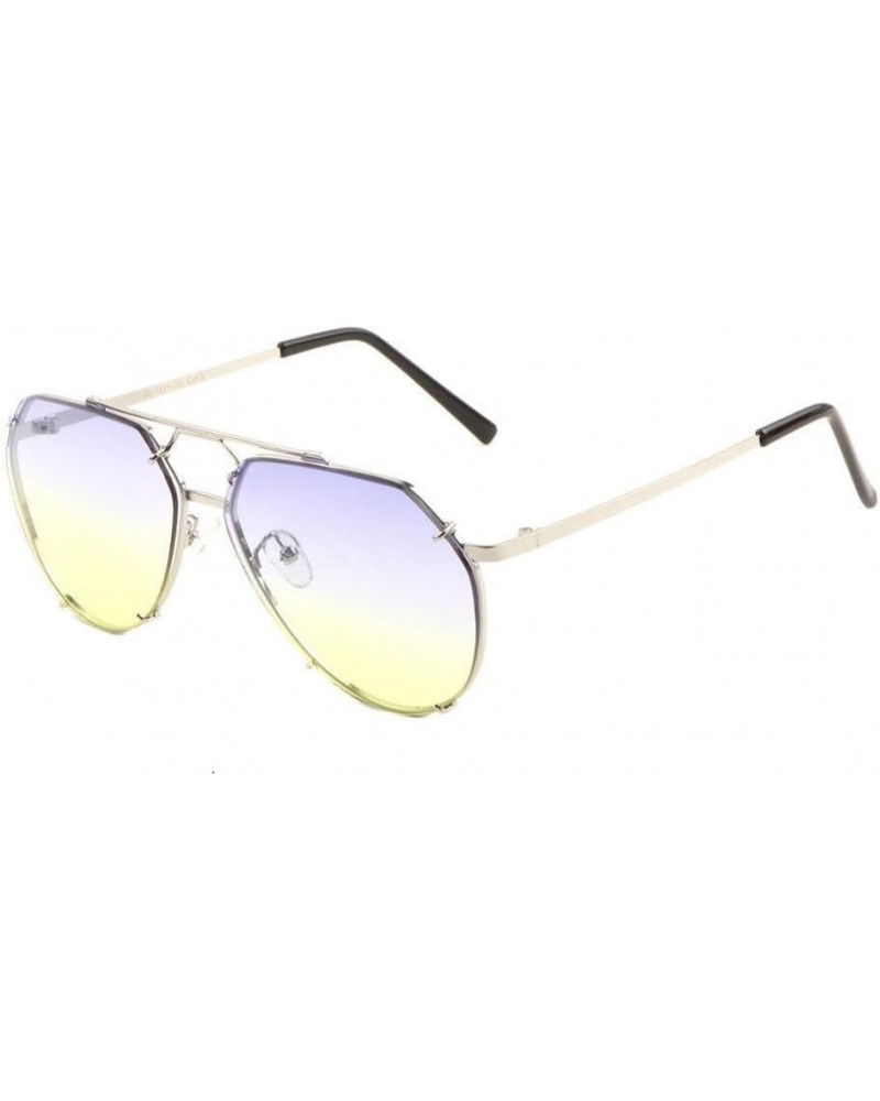 Floating Flat Lens Aviator Sunglasses w/Brow Bar Silver Metallic Frame Blue Yellow Gradient $8.98 Aviator