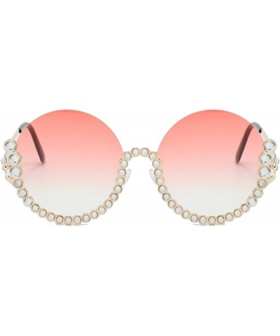 bling Rhinestone Sunglasses for Women Sparkling Trendy Metal Half Frame Round Diamond Sunglasses UV Protective Pink $10.50 Round