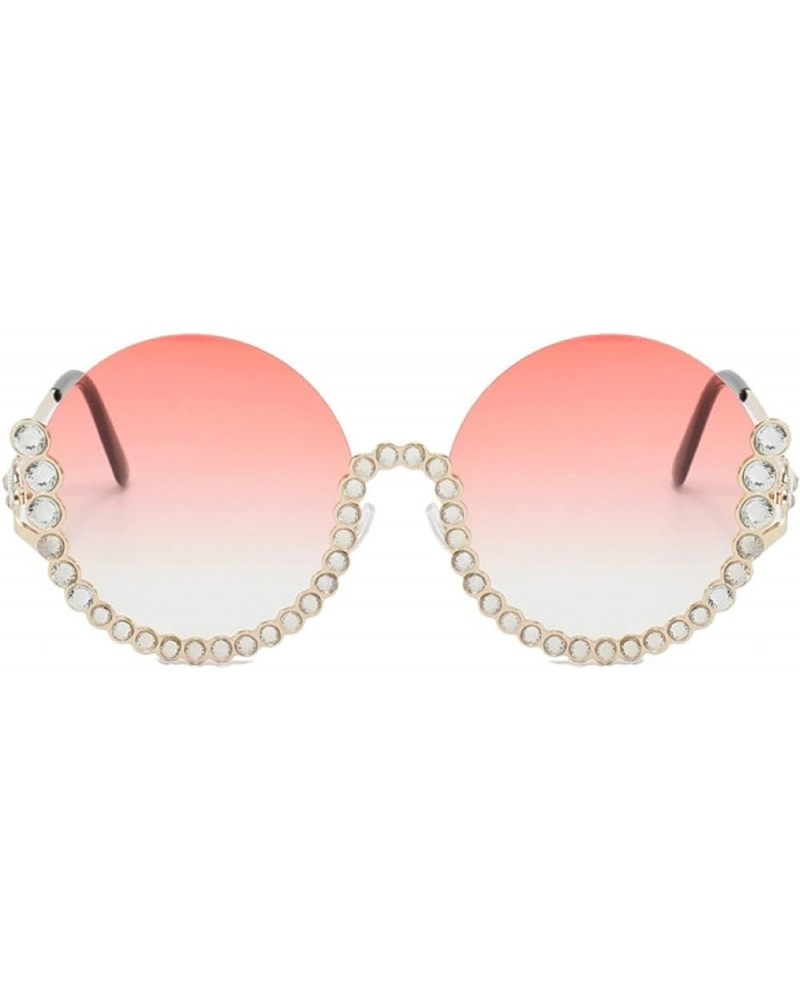 bling Rhinestone Sunglasses for Women Sparkling Trendy Metal Half Frame Round Diamond Sunglasses UV Protective Pink $10.50 Round