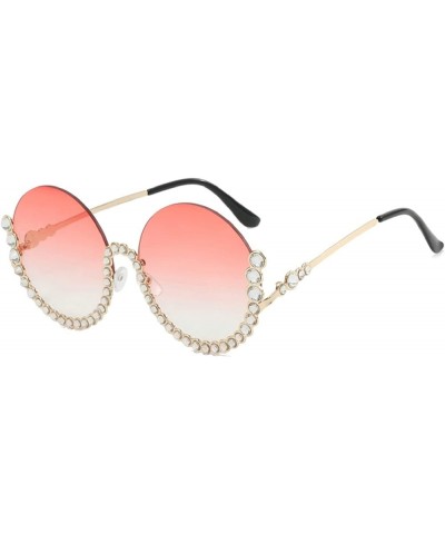 bling Rhinestone Sunglasses for Women Sparkling Trendy Metal Half Frame Round Diamond Sunglasses UV Protective Pink $10.50 Round