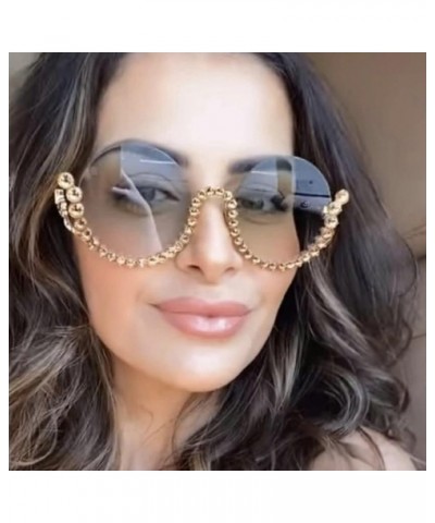 bling Rhinestone Sunglasses for Women Sparkling Trendy Metal Half Frame Round Diamond Sunglasses UV Protective Pink $10.50 Round