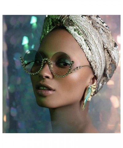 bling Rhinestone Sunglasses for Women Sparkling Trendy Metal Half Frame Round Diamond Sunglasses UV Protective Pink $10.50 Round