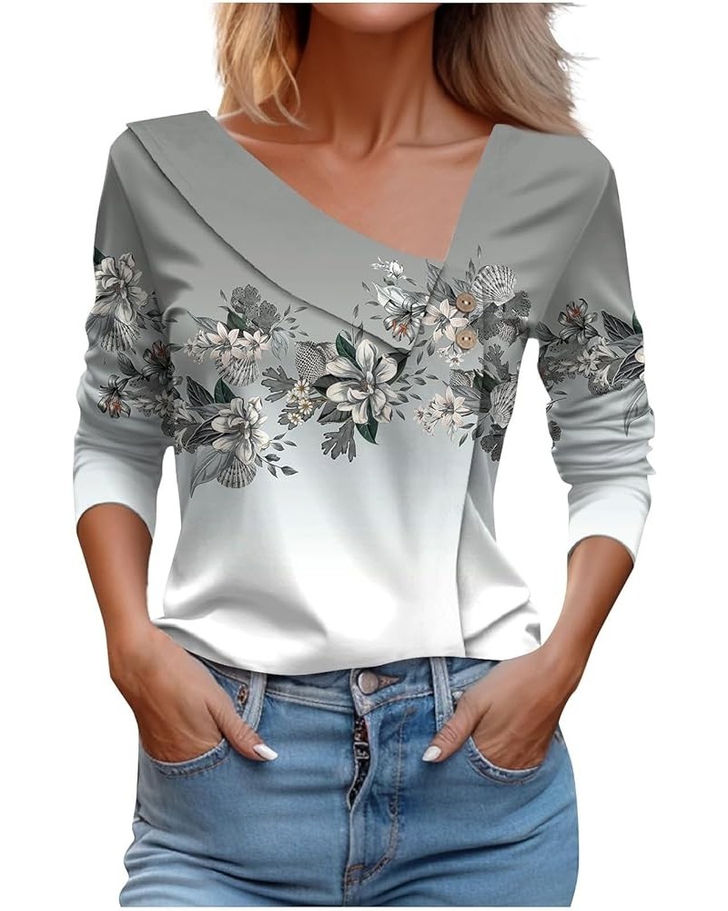 Women's 2023 Fall Long Sleeve Cotton Tops V Neck Fall Fashion Oversized Blouses Slim Fit Cowl V Neck Hippie T-Shirt 3-gray $1...