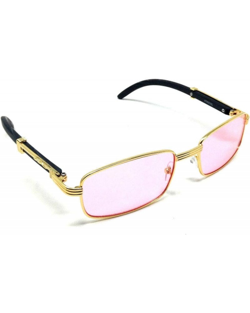 Apprentice Slim Rectangular Metal & Faux Wood Luxury Sunglasses Gold & Black Wood Frame Pink Lenses $10.80 Rectangular