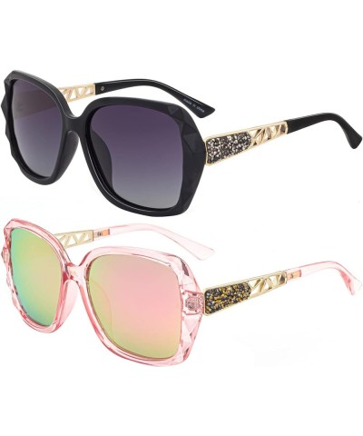 Oversized Polarized Square Sunglasses for Women Men Fashion Sparkling Frame Shades HJ025 Black + Pink $9.21 Square