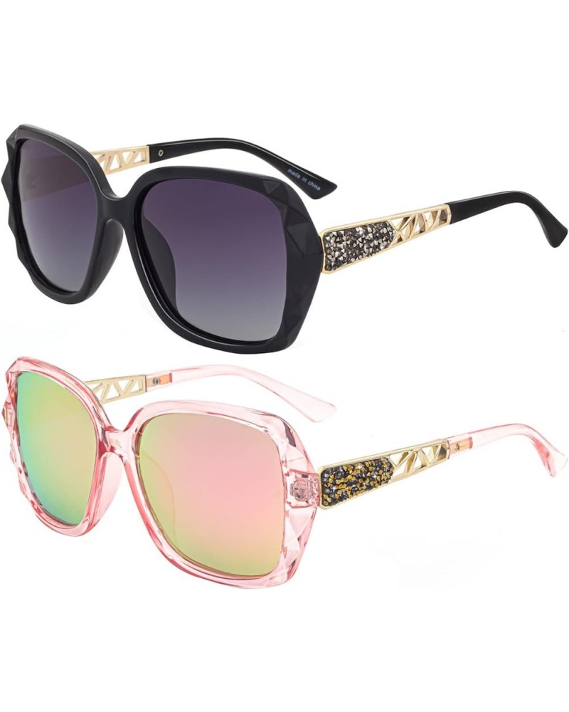 Oversized Polarized Square Sunglasses for Women Men Fashion Sparkling Frame Shades HJ025 Black + Pink $9.21 Square