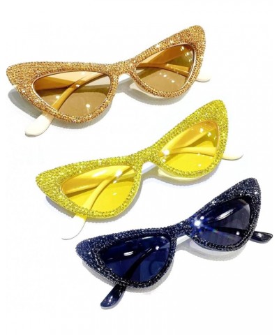 Fashion bling Rhinestone Cat Eye Sunglasses for Women Cat eye Diamond Sun Glasses Vintage Style Tinted Lens 3pcs-black&yellow...