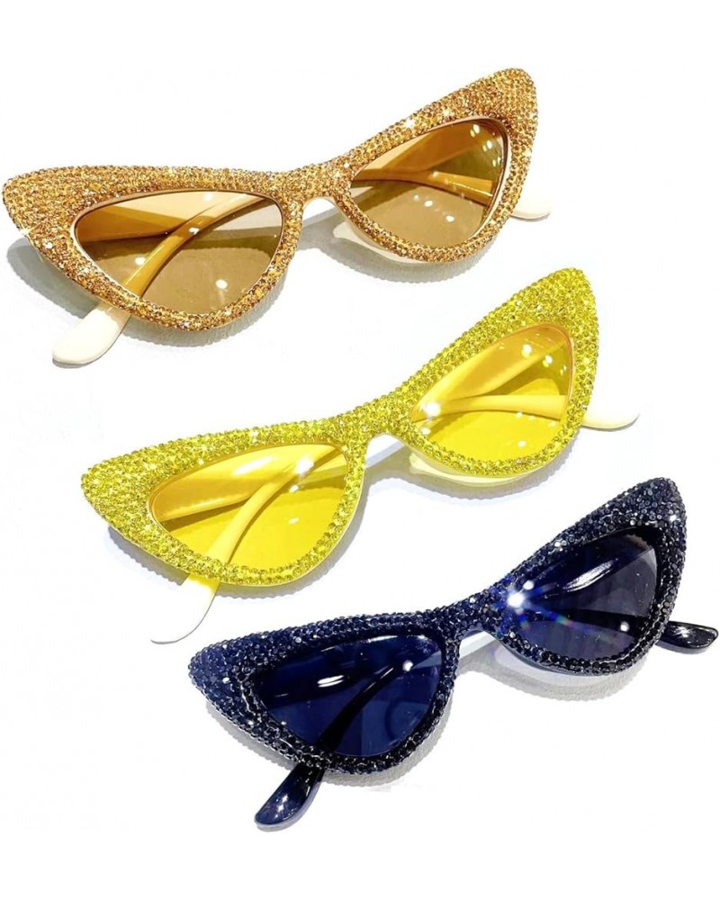 Fashion bling Rhinestone Cat Eye Sunglasses for Women Cat eye Diamond Sun Glasses Vintage Style Tinted Lens 3pcs-black&yellow...