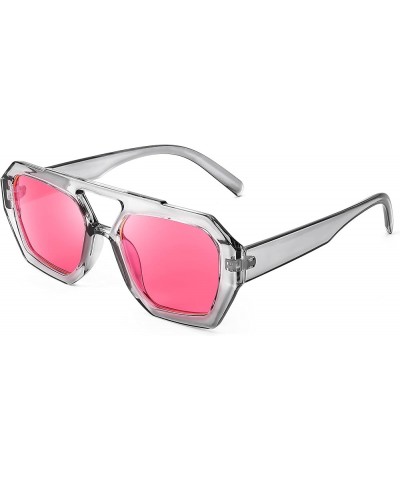 Vintage Square 70s Flat Pilot Sunglasses Women Men Fashion Sunnies B4108 Transparent Grey Frame/Pink Lens $10.91 Aviator