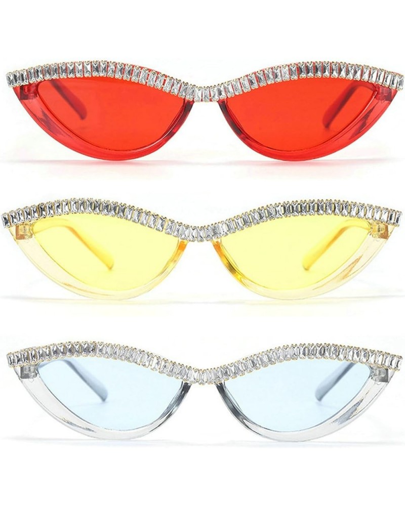 Fashion Diamond Small Cat Sunglasses Women Retro Rhinestone Pink Sun Glasses Sexy Crystal Goggle Men 3pcs Blue+red+yellow $11...