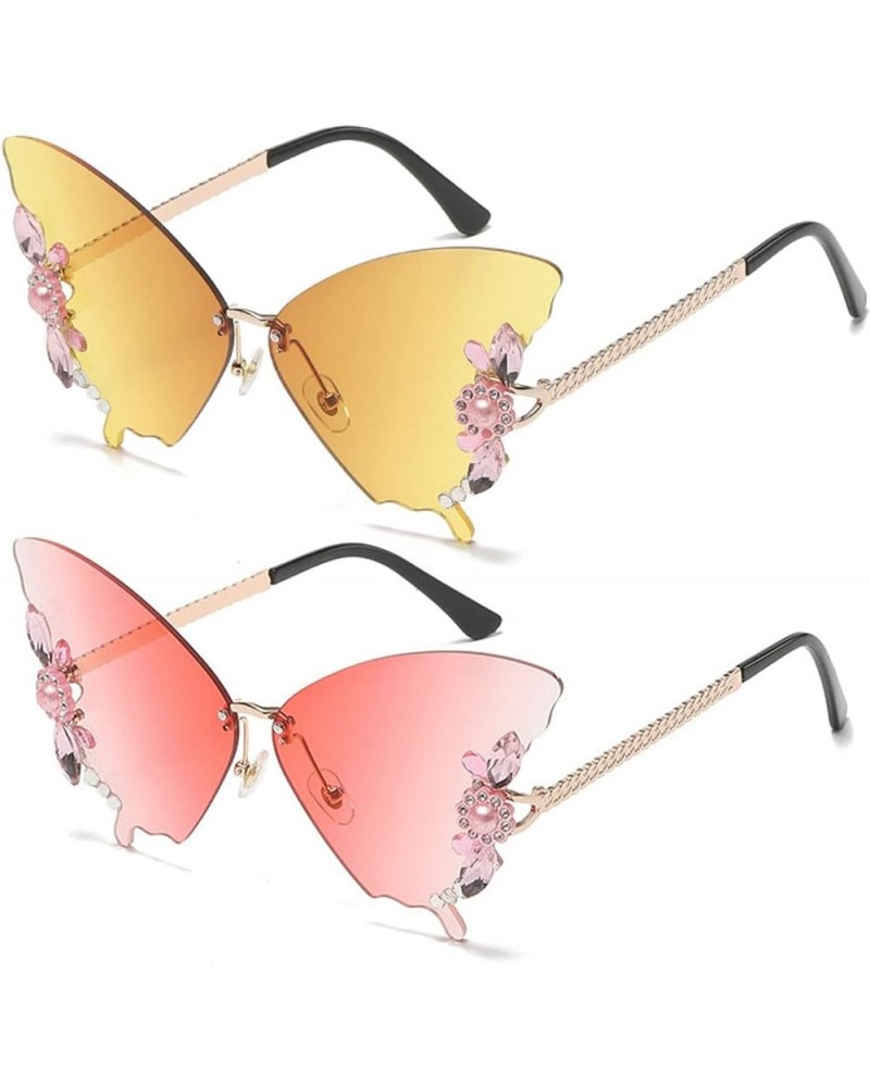 Women Rimless Sunglasses Fashion Butterfly Diamond Sunglasses Polygonal Frameless party Sunglasses UV Protection 2pcs-yellow&...