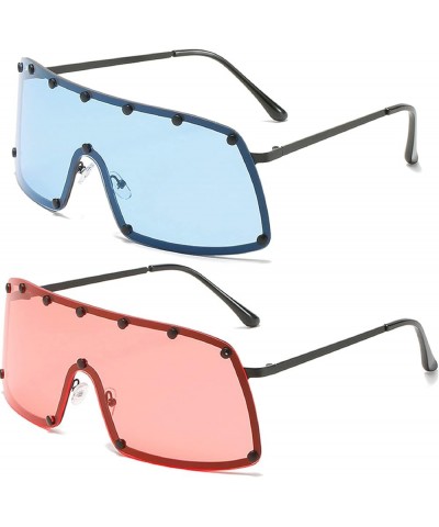 Metal Rivet Trend Sunglasses Women Oversized Shield Visor Colorful One-piece Windproof and Sandproof Men Sport Sunglasses Blu...