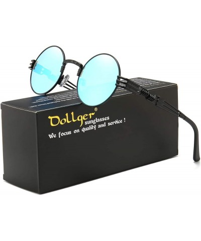 2 Pack Round Sunglasses Steampunk Retro Metal Frame Mirror Black lens Blue Lens/Black Frame $15.80 Designer