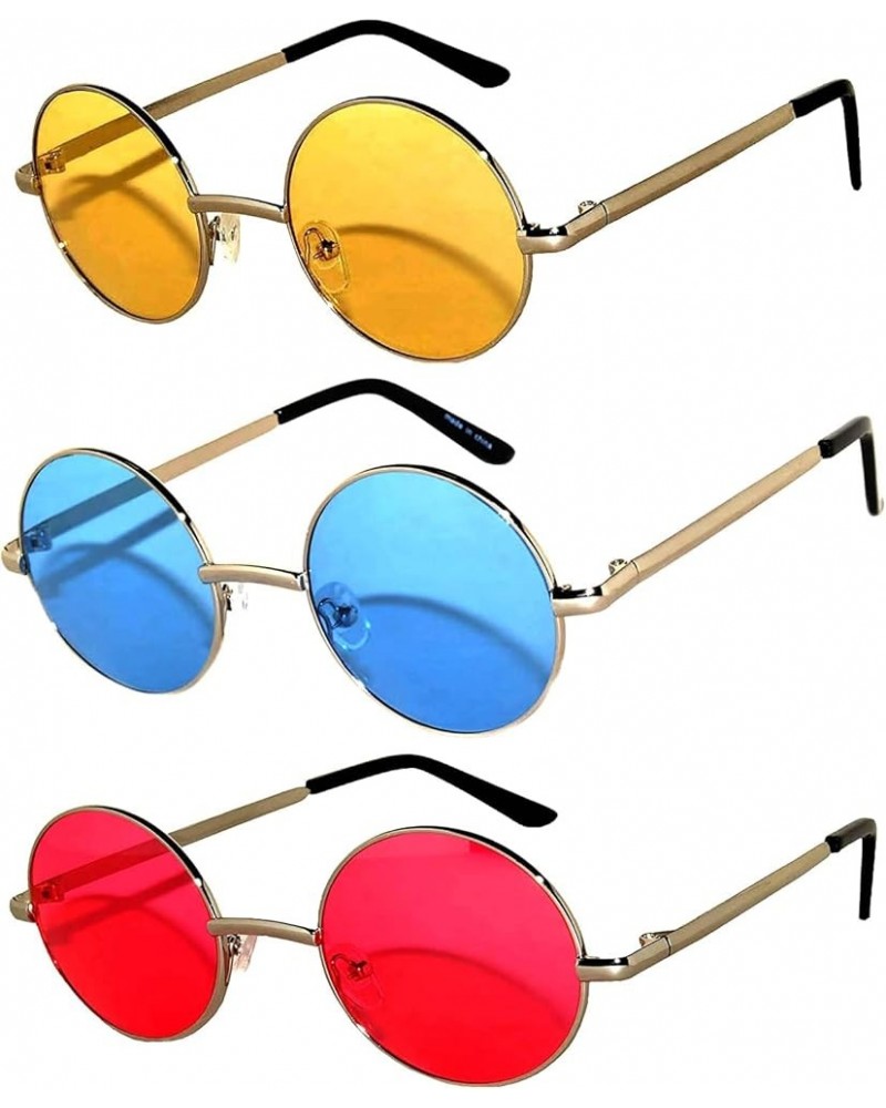 Set of 3 Pairs Round Retro Vintage Circle Sunglasses Colored Metal Frame Small model 43 mm 43 Mm Yellow, Blue, Red (Tint) $8....