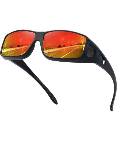 Polarized Fit Over Glasses Sunglasses for Men Women Wrap Around Wear Over Sunglasses UV Protection Black Frame-red Mirror Len...