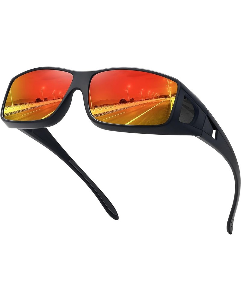 Polarized Fit Over Glasses Sunglasses for Men Women Wrap Around Wear Over Sunglasses UV Protection Black Frame-red Mirror Len...