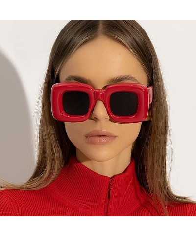 Cute Inflated Square Sunglasses for Women Men Trendy Oversized Thick Frame Funny Aesthetic Shades B9097 Red $10.19 Oversized