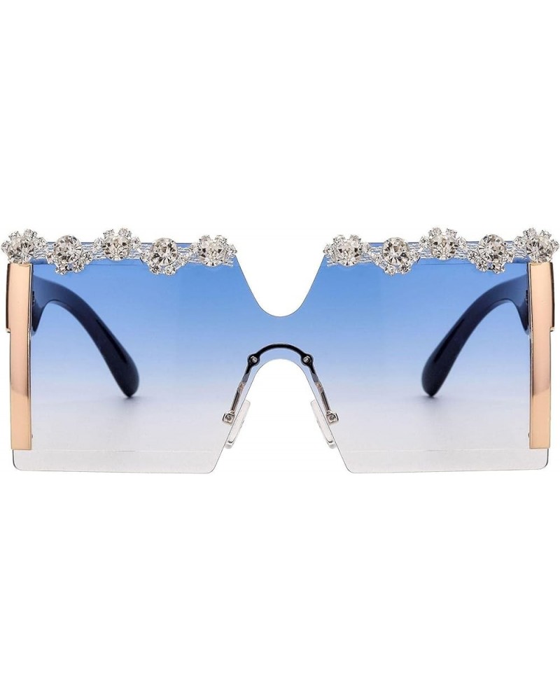 Square Oversized Diamond Sunglasses Luxury Frameless Pearl Sunglasses Women Fashion Blue $20.18 Rectangular