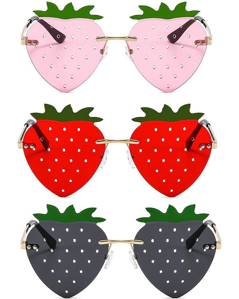 Halloween Strawberry Shape Sunglasses for Women Funny Rave Party Sun glasses Rimless Heart Red Eyewear 3pcs-black&red&pink $1...