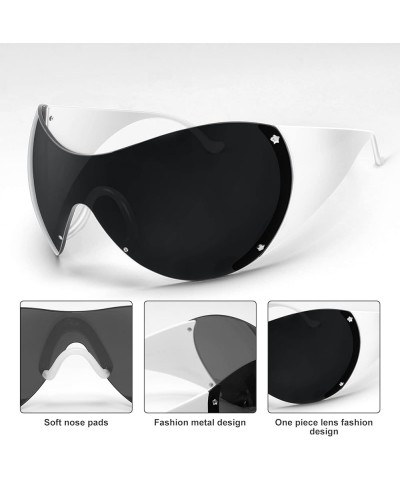 Wrap Around Y2k Sunglasses For Women Men, Futuristic Oversized Shield Rimless Sun Glasses Fashion Vintage Shades White-black ...