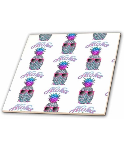 Colorful Pineapple Wearing Sunglasses Saying Aloha Pattern. - Tiles (ct_351298_3) 8-Inch-Glass $20.15 Designer