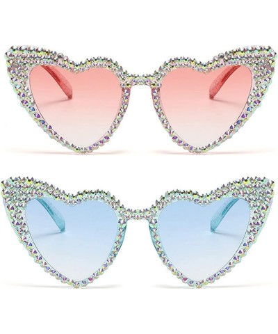 Cute Women Heart Sunglasses Fashion Shiny Bling Diamond Sunglasses Polygonal Pink Rhinestone Sunglasses UV Protection 2pcs-bl...