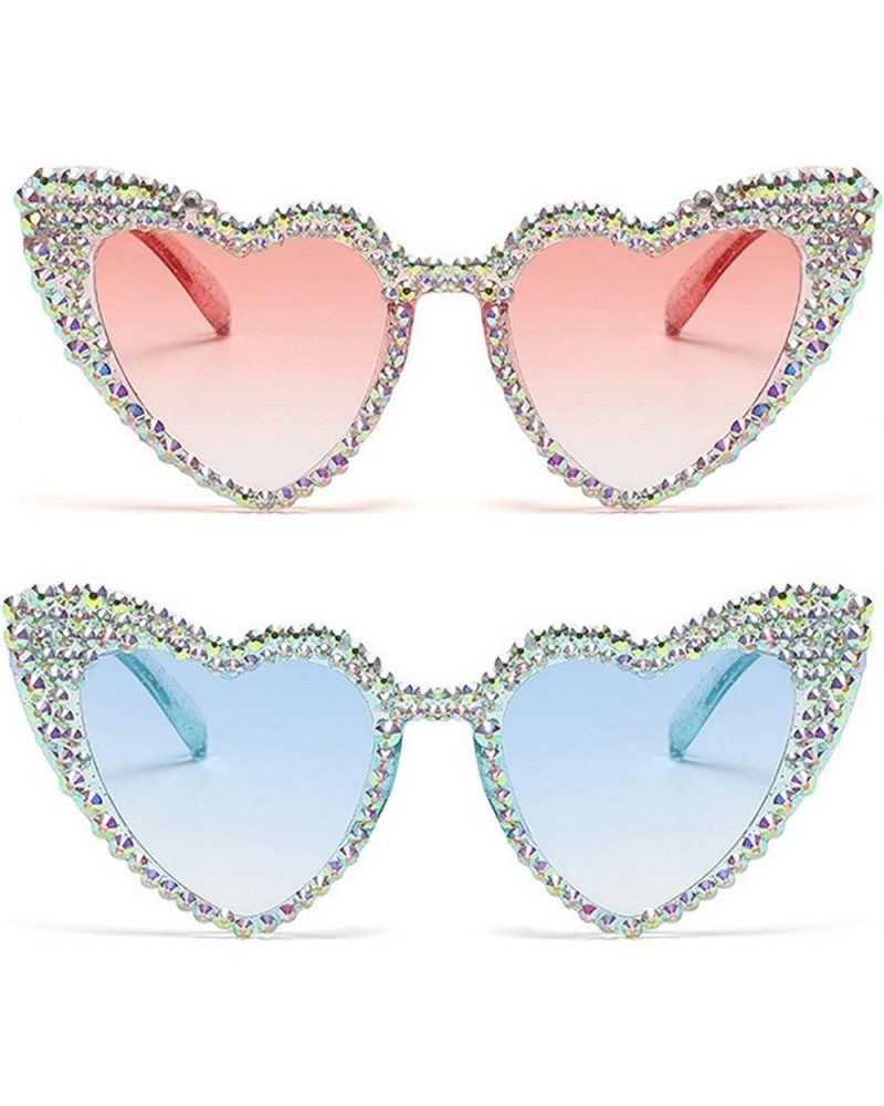 Cute Women Heart Sunglasses Fashion Shiny Bling Diamond Sunglasses Polygonal Pink Rhinestone Sunglasses UV Protection 2pcs-bl...