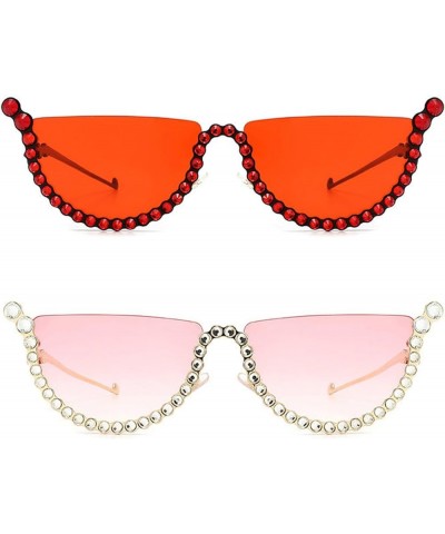 Rhinestones Sunglasses Trendy Cute candy color Y2k caye eye Sunglasses Round Party beach Sunglasses 2pcs-red&pink $9.91 Cat Eye