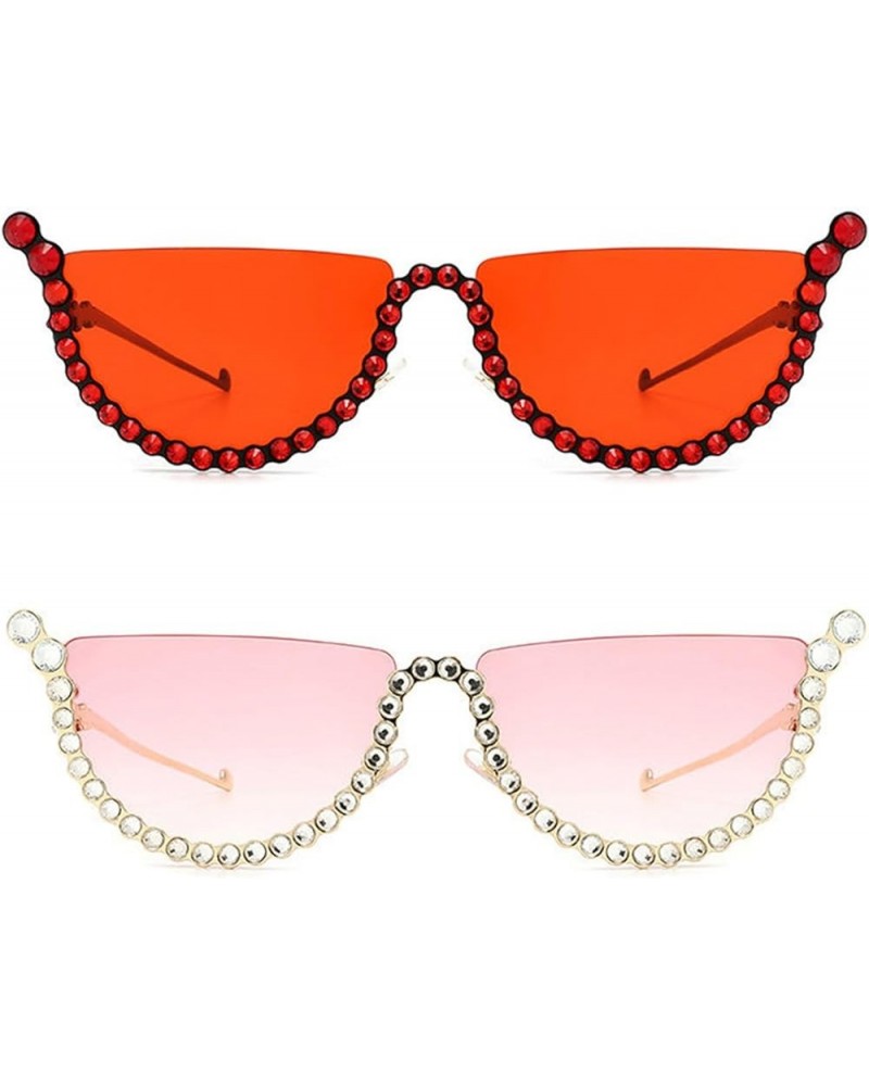 Rhinestones Sunglasses Trendy Cute candy color Y2k caye eye Sunglasses Round Party beach Sunglasses 2pcs-red&pink $9.91 Cat Eye