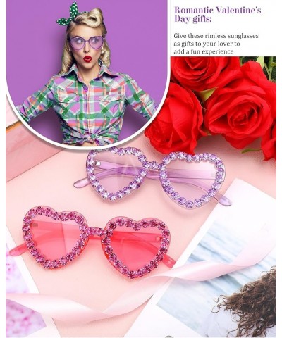 2 Pairs Rhinestone Heart Sunglasses Heart Shape Rimless Sunglasses for Women Transparent Heart Glasses Pink, Purple $8.99 Avi...