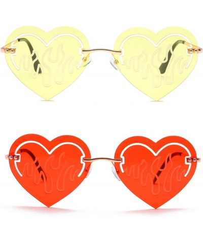 Rimless Unique Heart Shape Flame Pattern Sunglasses Women Vintage Punk Red Hollow irregular Sun Glasses men 2pack Yellow&red ...