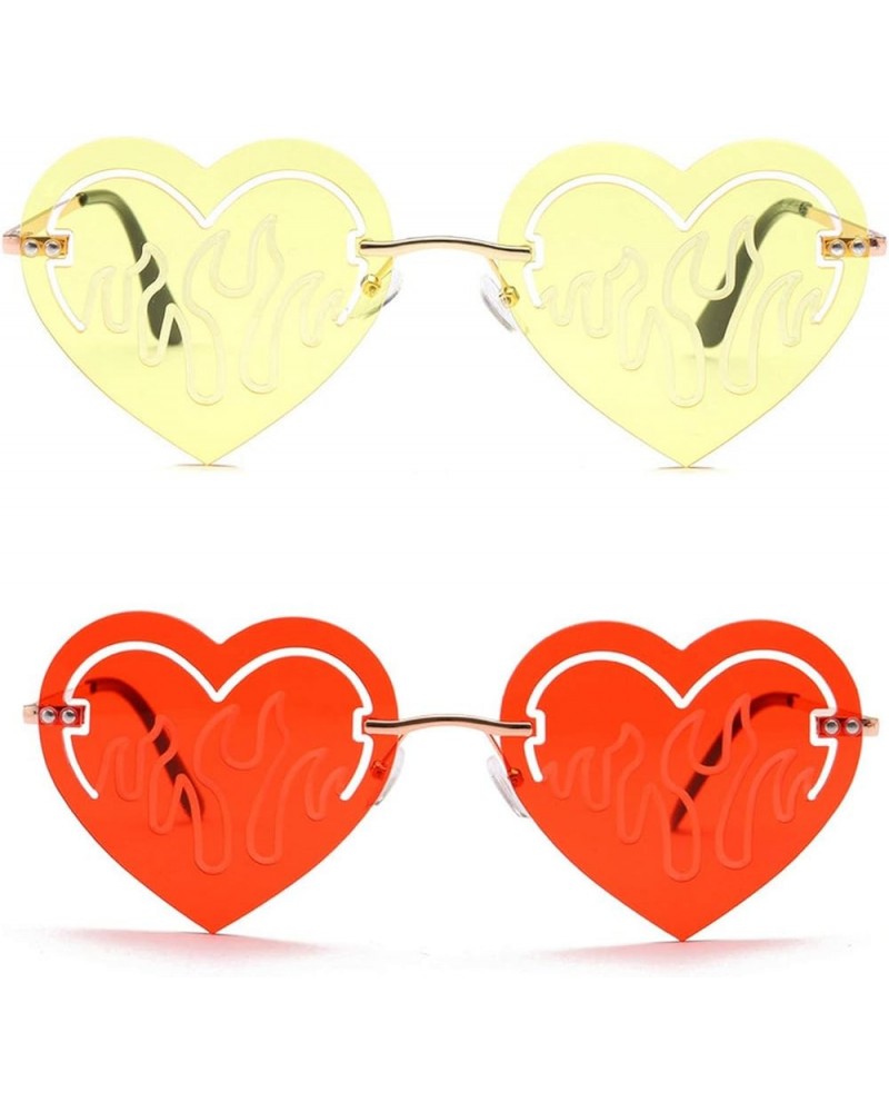 Rimless Unique Heart Shape Flame Pattern Sunglasses Women Vintage Punk Red Hollow irregular Sun Glasses men 2pack Yellow&red ...