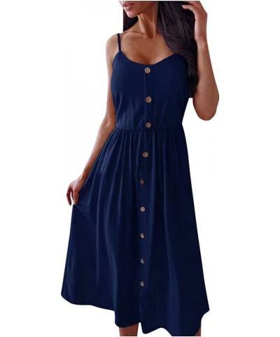 Women's Dresses Summer Sleeveless Casual Mid-length Skirt Single-breasted Sling Dresses Button Decoration Long Skirt Navy $11...