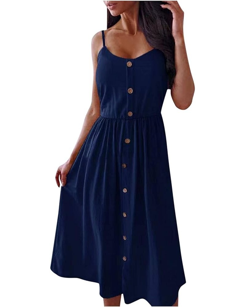 Women's Dresses Summer Sleeveless Casual Mid-length Skirt Single-breasted Sling Dresses Button Decoration Long Skirt Navy $11...