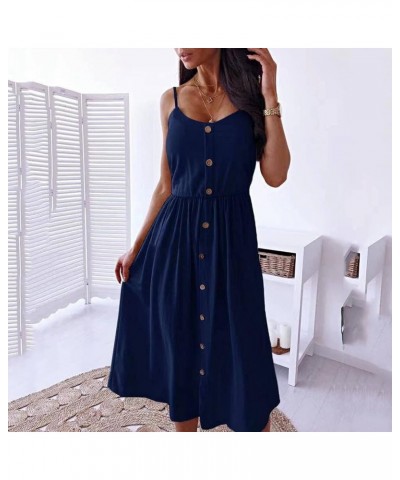 Women's Dresses Summer Sleeveless Casual Mid-length Skirt Single-breasted Sling Dresses Button Decoration Long Skirt Navy $11...