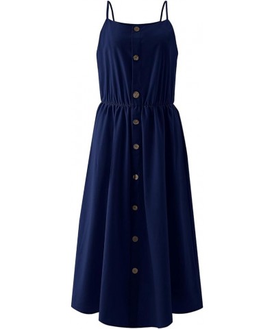 Women's Dresses Summer Sleeveless Casual Mid-length Skirt Single-breasted Sling Dresses Button Decoration Long Skirt Navy $11...